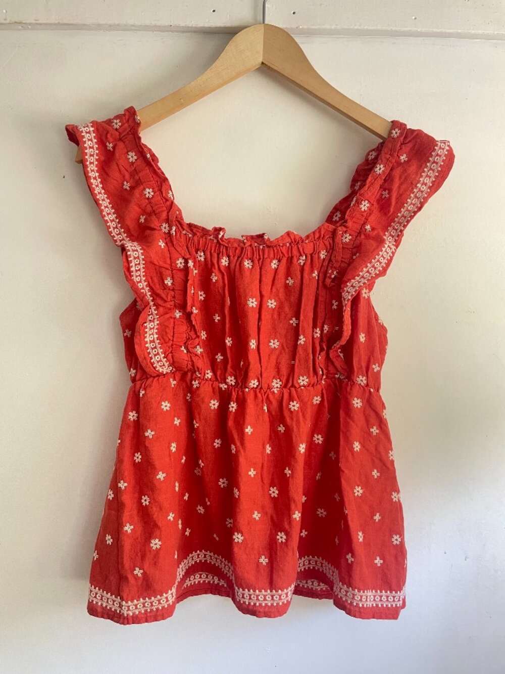 Old Navy | Embroidered Babydoll Tank | Coral & White Embroidery| XS